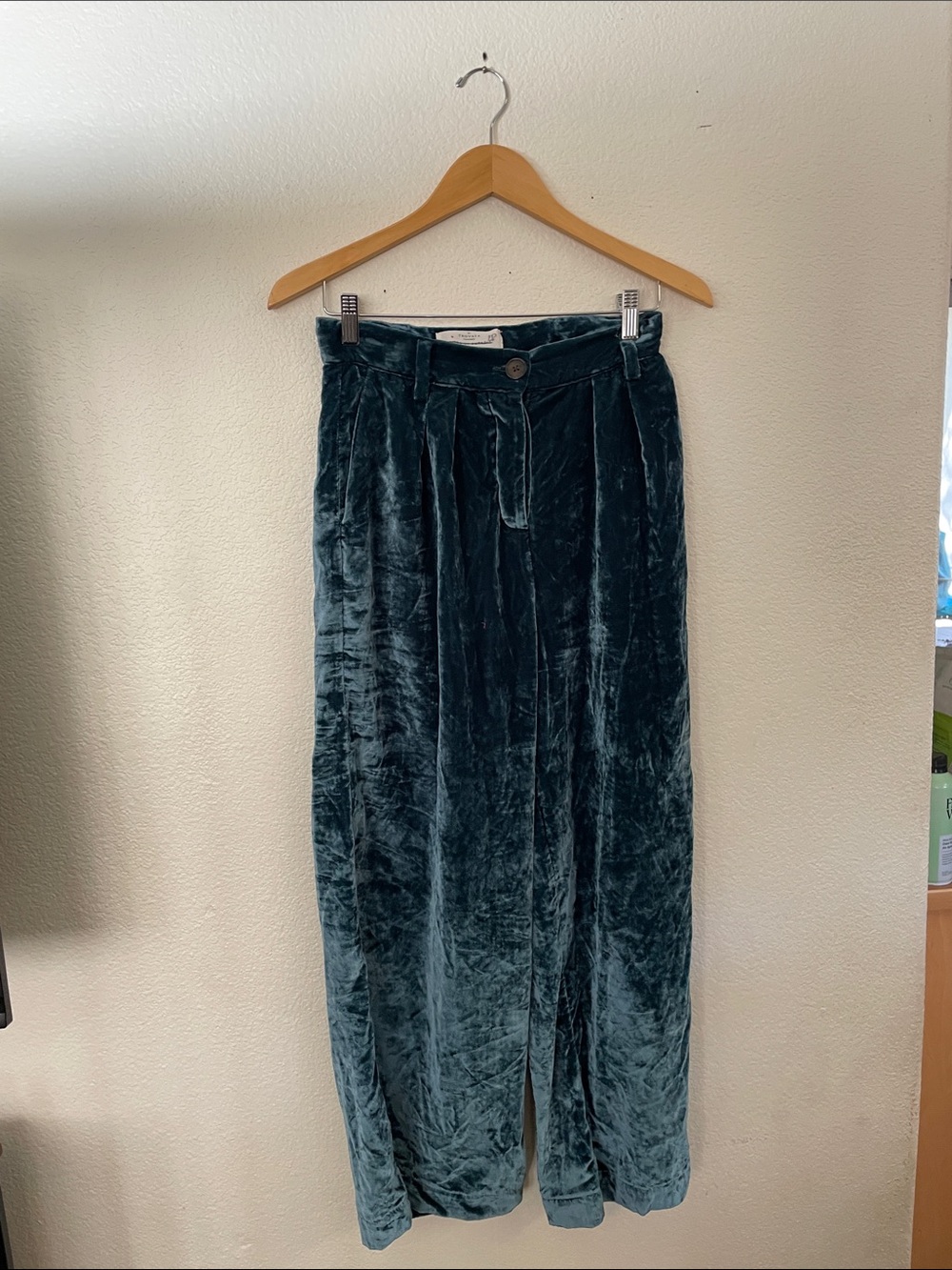 Trovata Velvet Birds of Paradise Pleated Wide-Leg Trousers Teal Blue 2